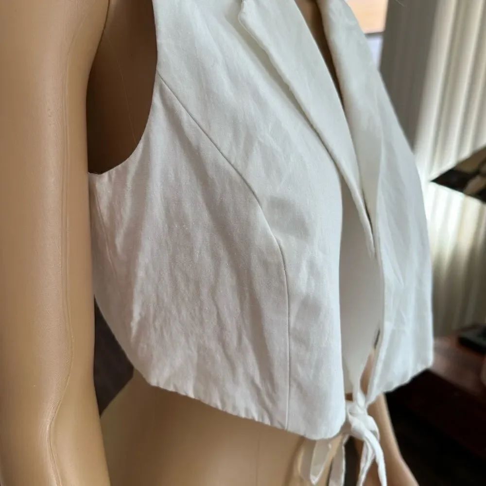 Zara Linen blend waistcoat deep V with ties sz M - Picture 6 of 12